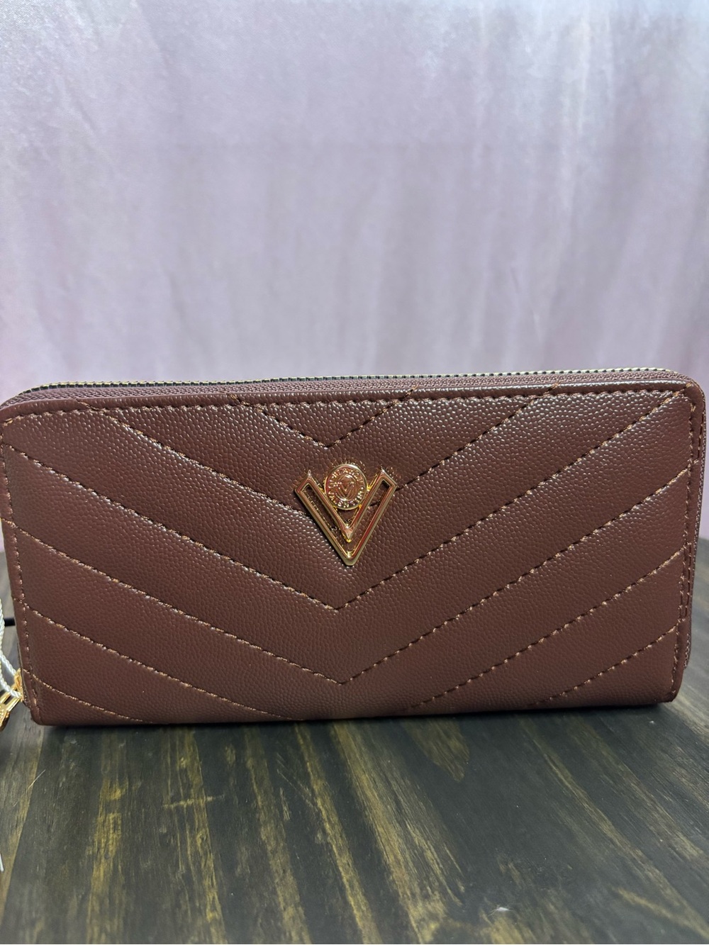 Quilted Zip Wallet in Brown with Gold Accent